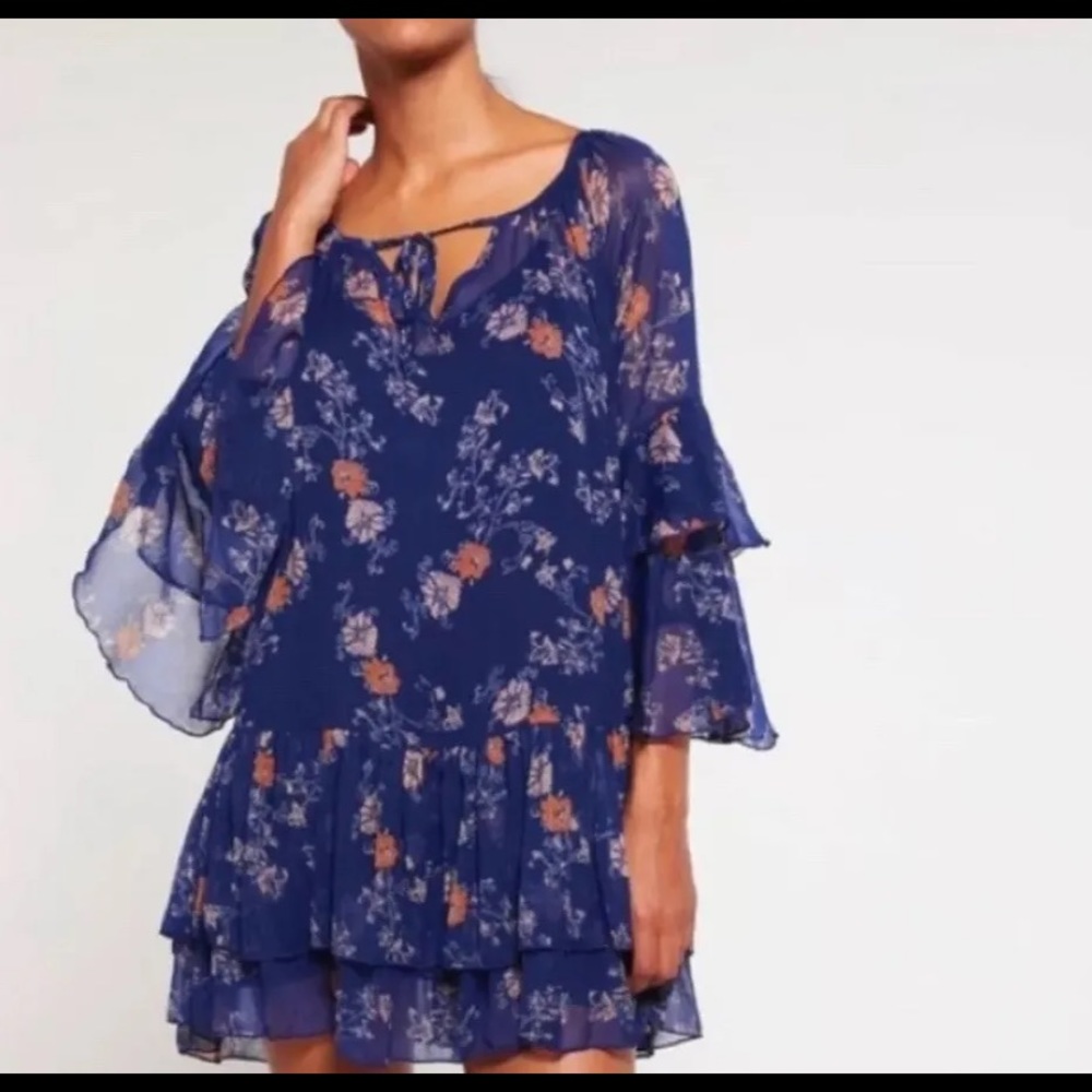 Free People Sunsetter Floral Boho Dress/Tunic Blue Floral Flowy Top Sheer
